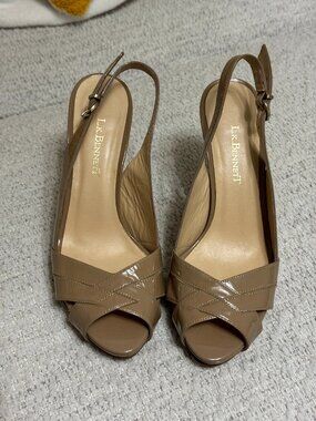 L.K. Bennett London Size 36 3 UK 5 US Leather Nude Peep Toe Sling Back Heels